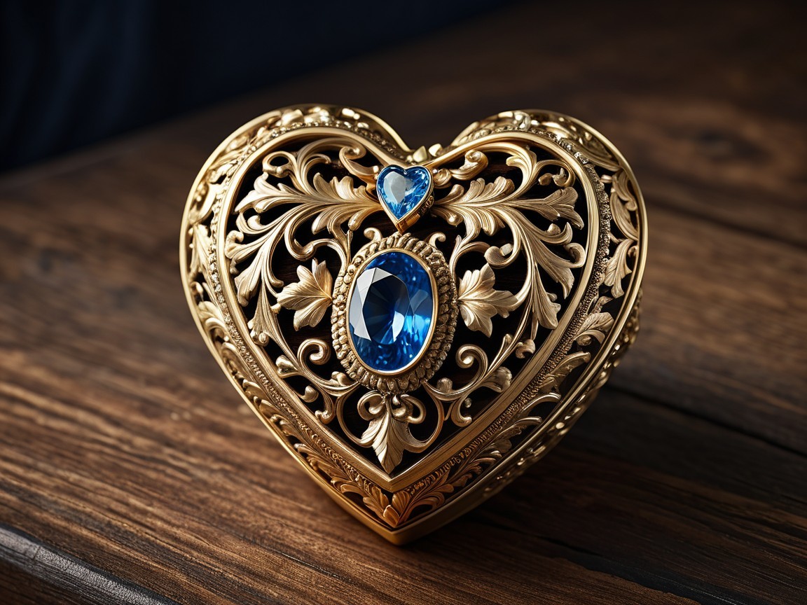 Ornate gold heart-shaped box with blue gem centerpiece