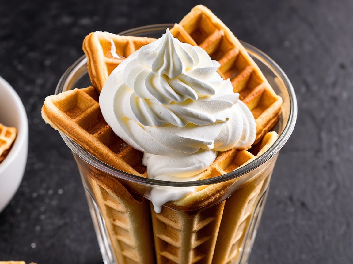 Golden-brown waffles with whipped cream in a glass
