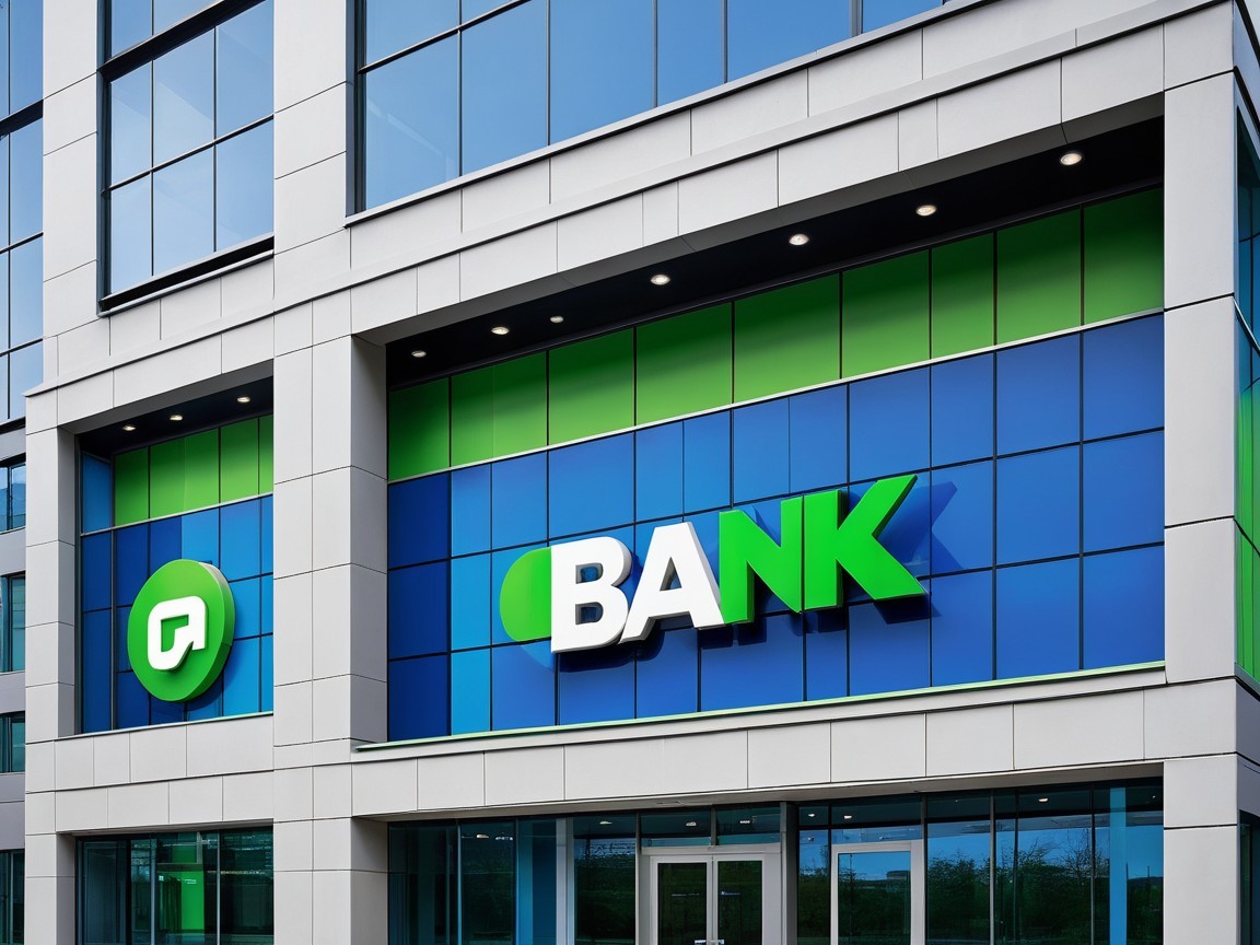 Modern Bank Building with Glass Windows and Colorful Facade