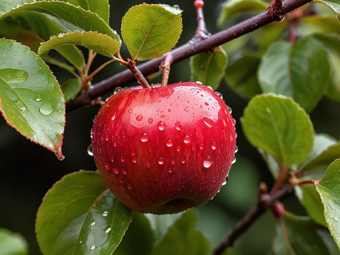 Close-Up of a Shiny Red Apple with Green Leaves