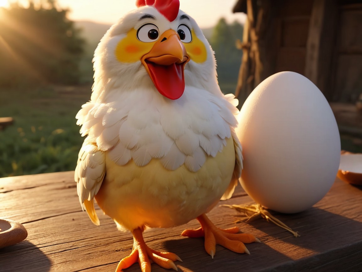 Cheerful cartoon chicken with egg on wooden surface