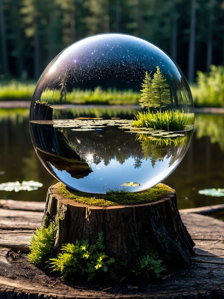 Glass Sphere Crystal Ball on Mossy Stump by Lake