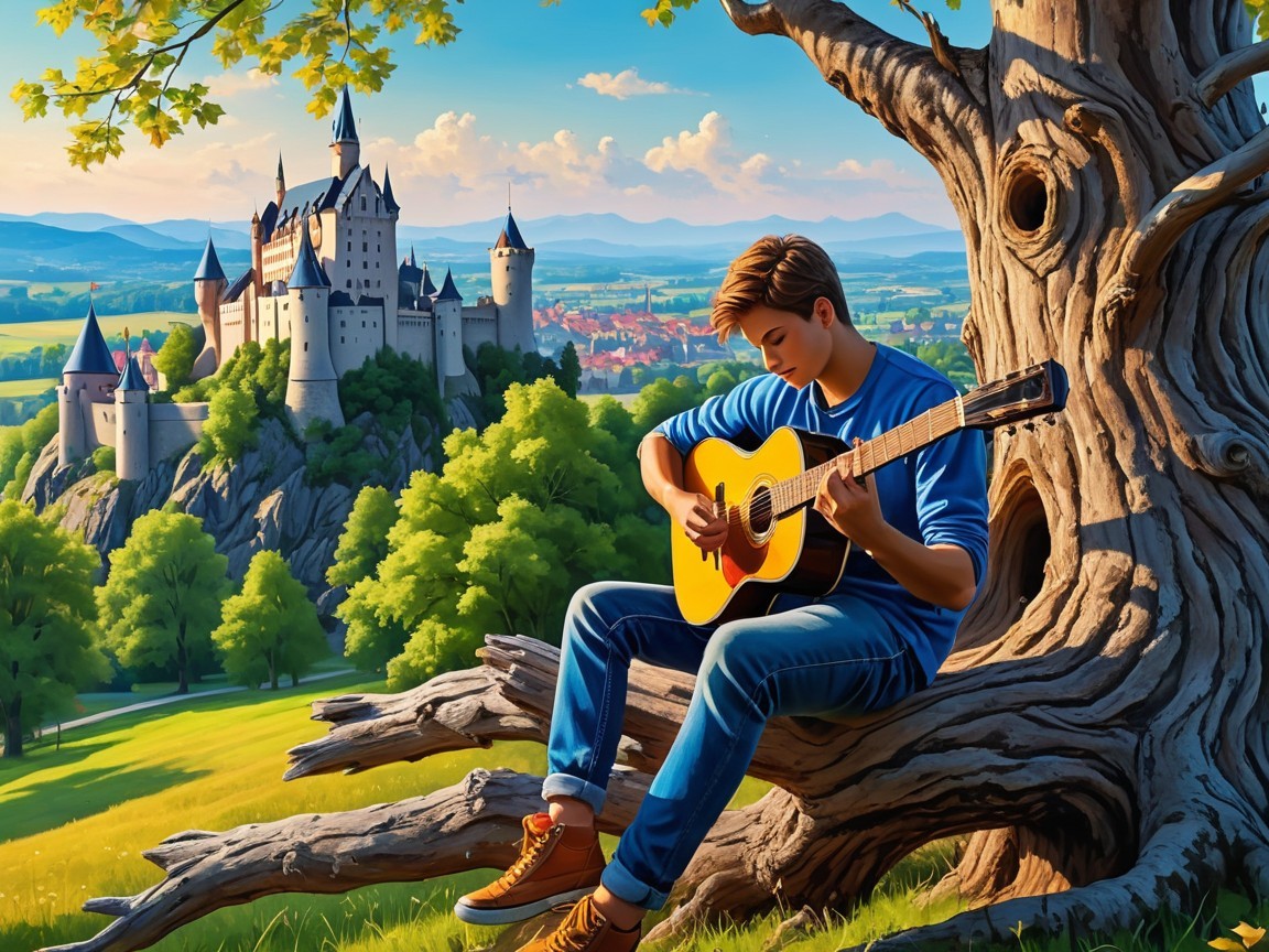 Young man playing guitar near a fairytale castle