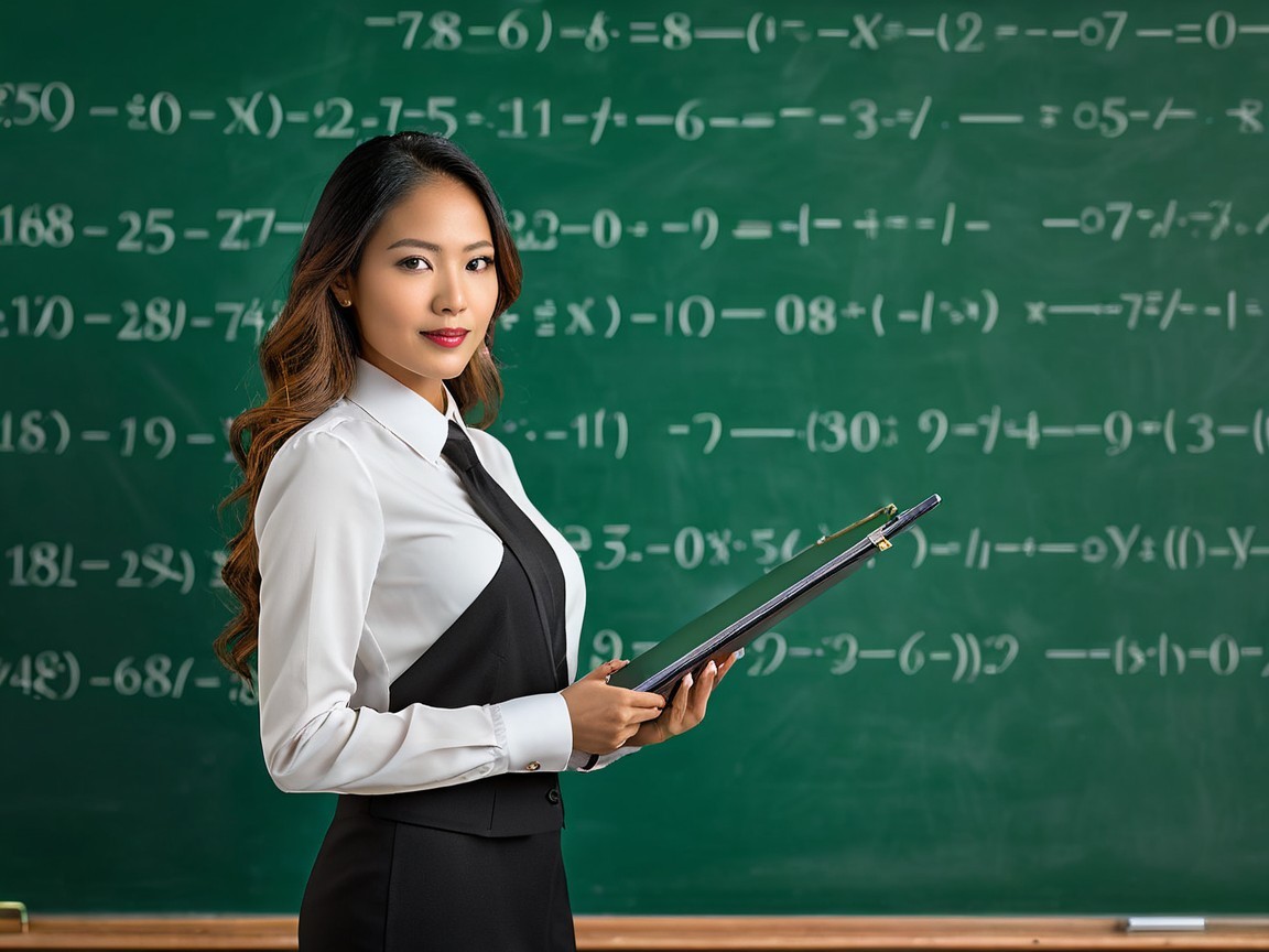 Confident Teacher with Chalkboard and Equations