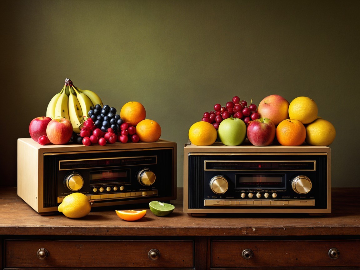 Vintage Stereo Receivers with Fruit Arrangements