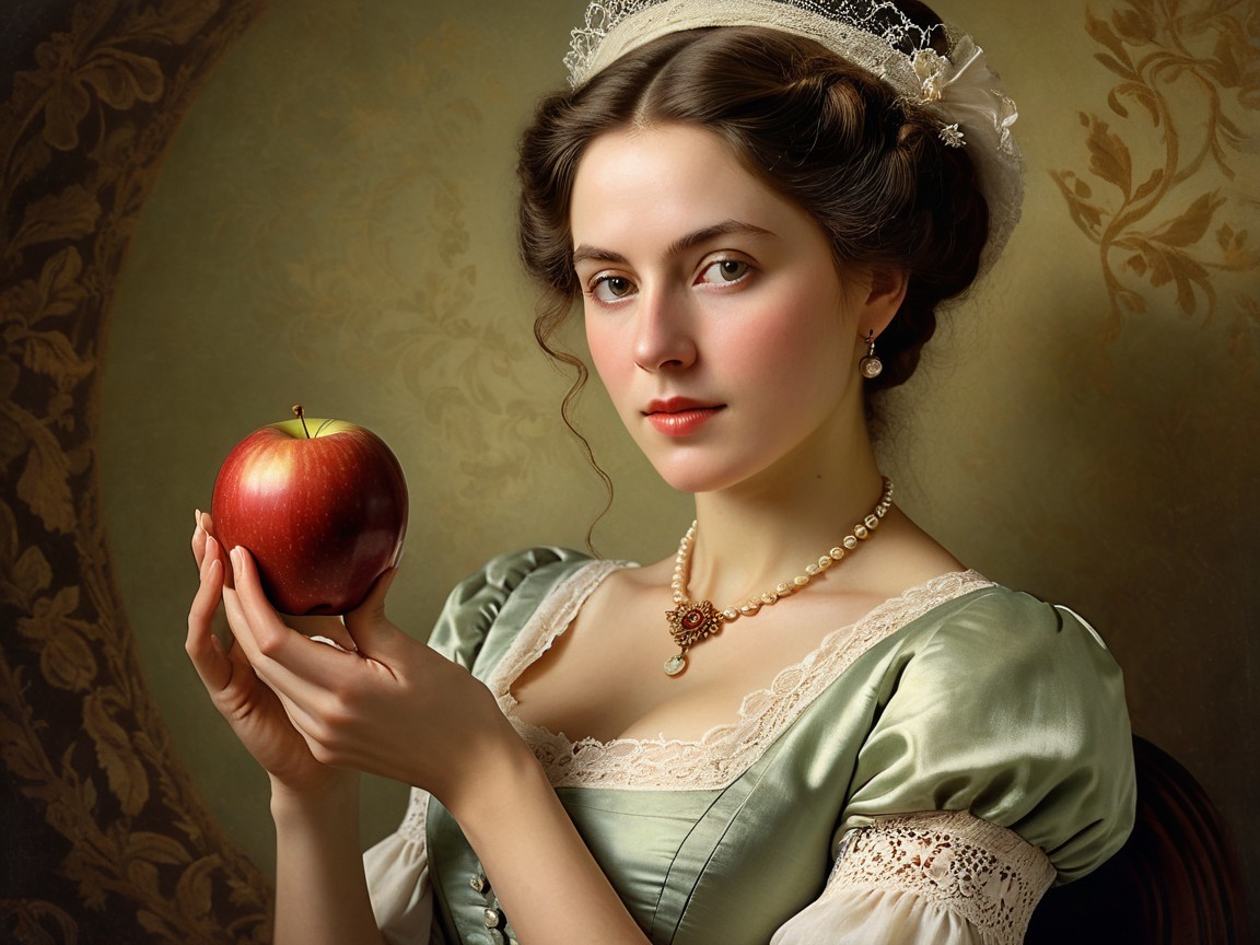 Young Woman in Historical Dress with Red Apple
