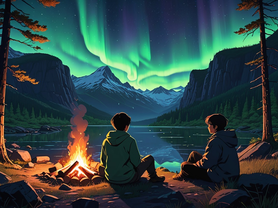 Campfire Scene Under Vibrant Aurora Night Sky