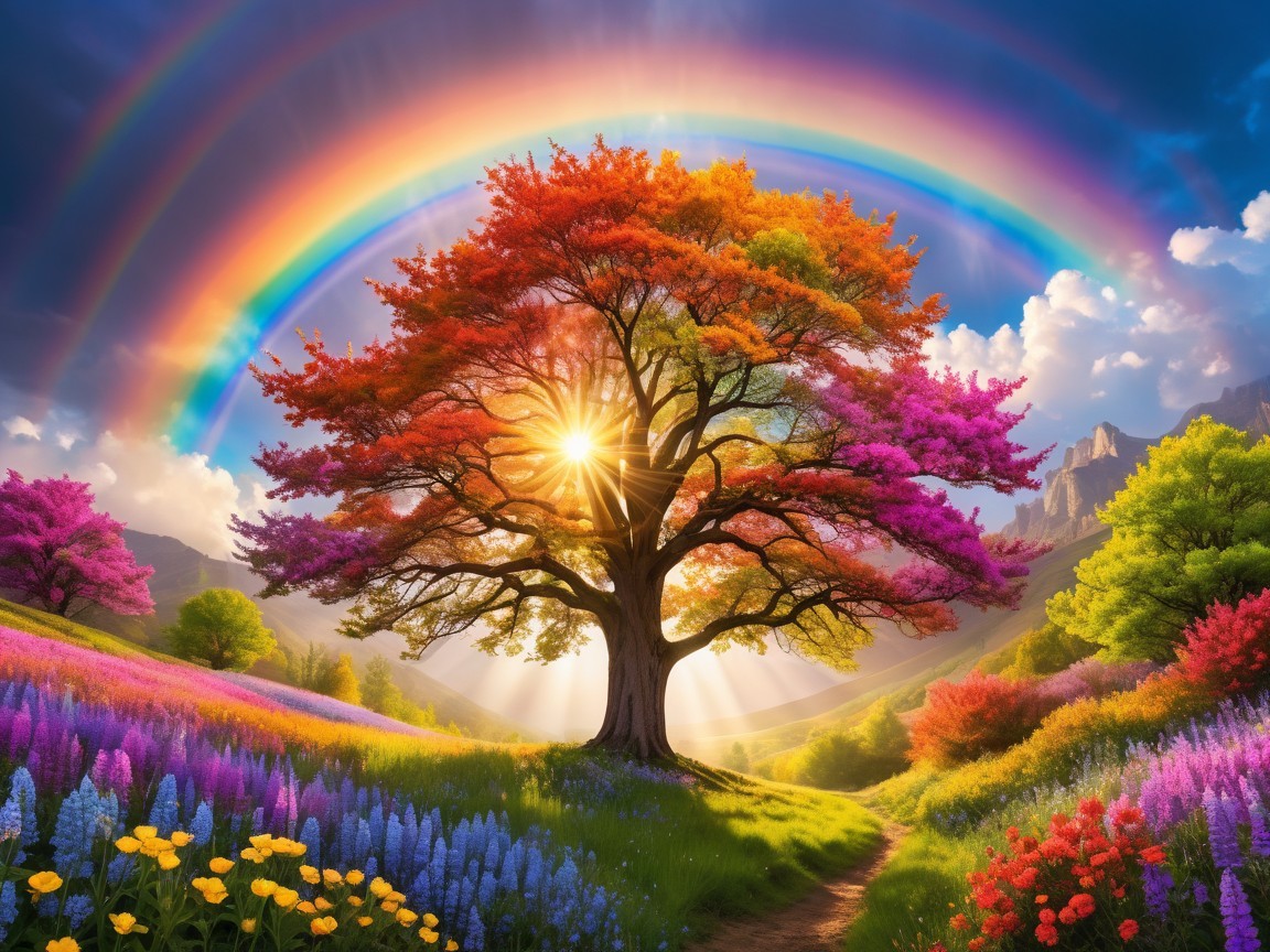 Majestic Tree in Colorful Landscape with Rainbows