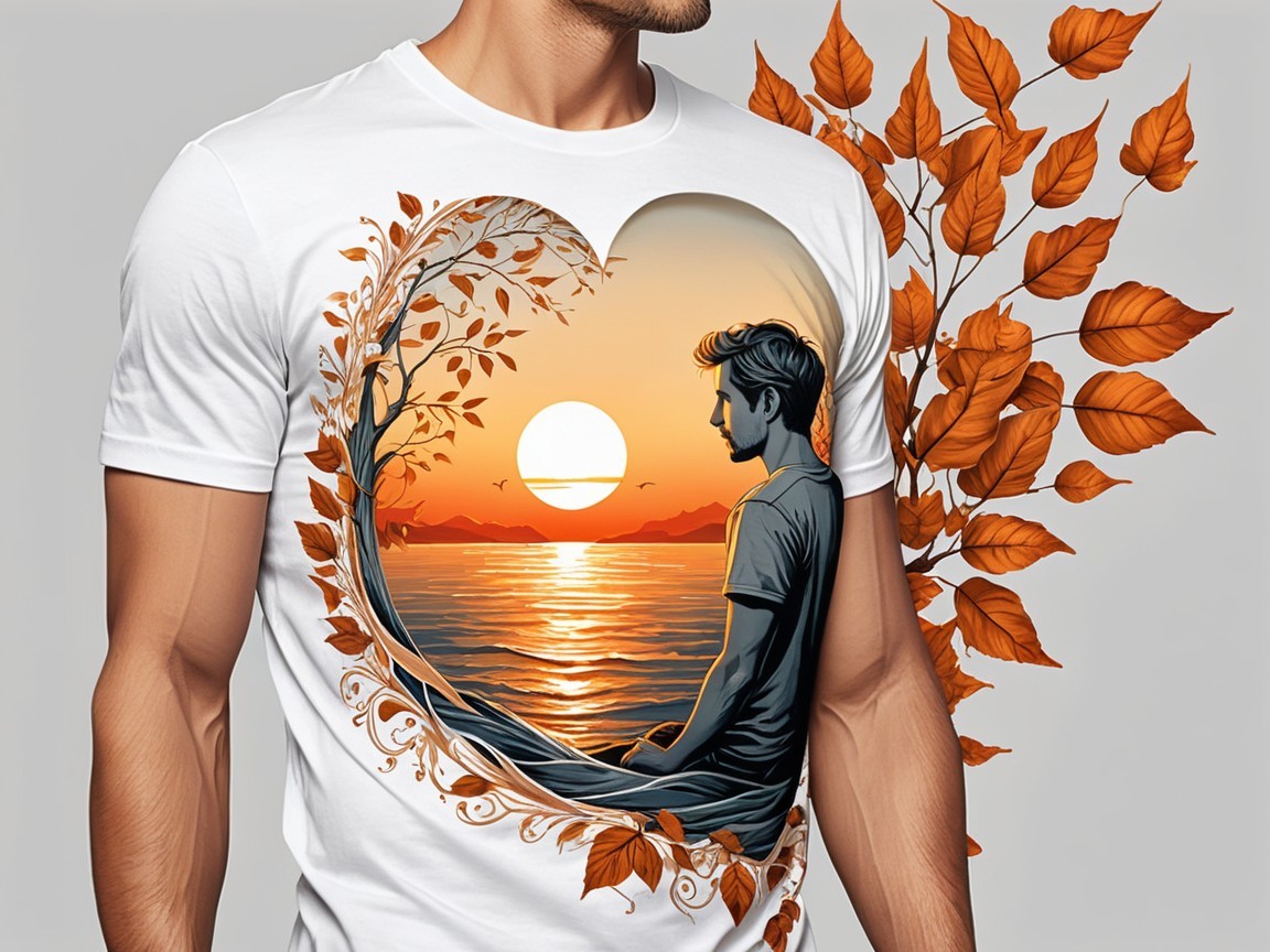 White T-shirt with Heart-Shaped Sunset Graphic Design