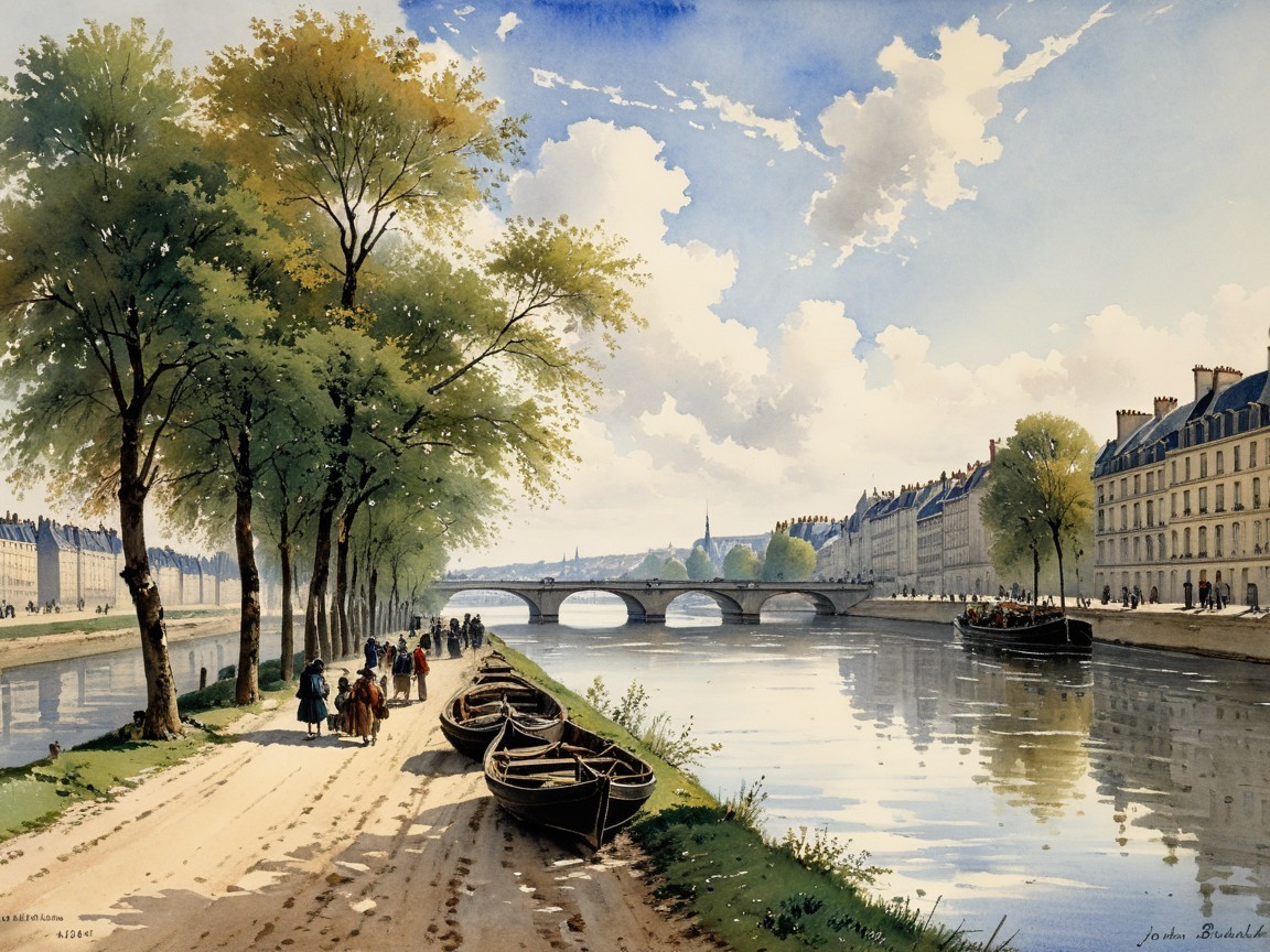 Serene Riverside Scene with Lush Greenery and Bridge