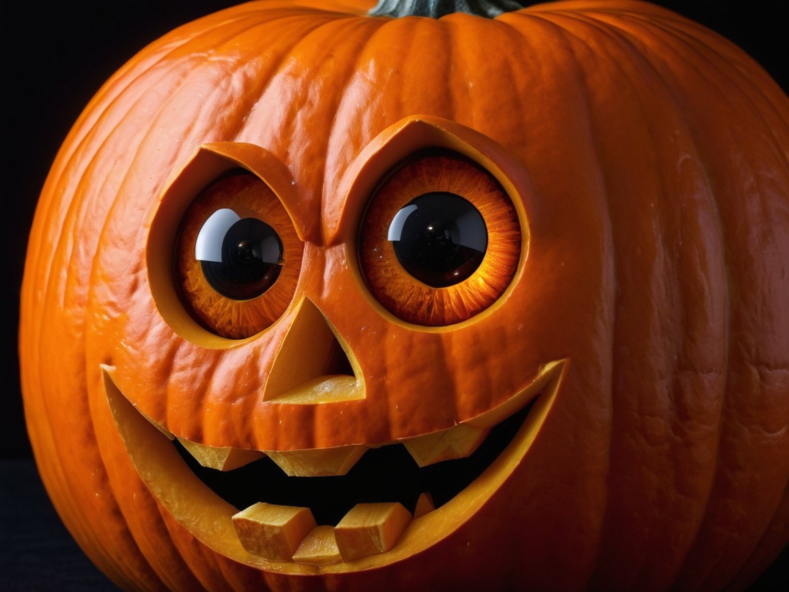 Close-up of a carved orange pumpkin jack-o'-lantern