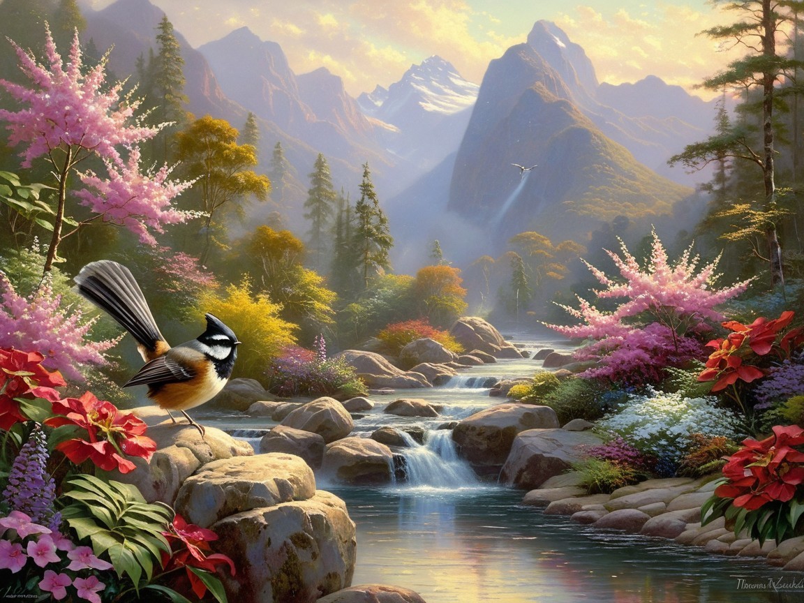 Serene landscape with river, flowers, and mountains