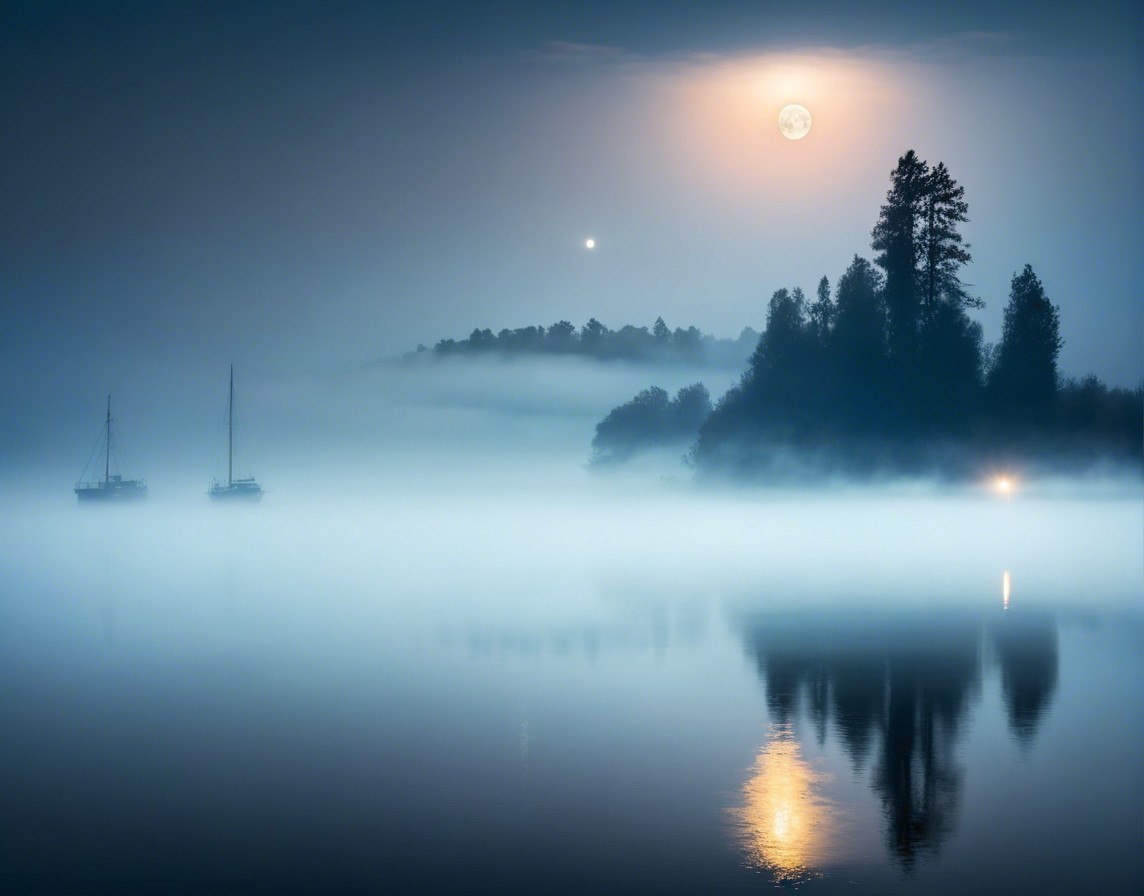 Misty Twilight Lake with Full Moon Reflection
