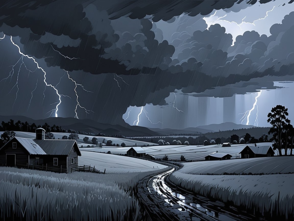 Stormy Rural Landscape with Lightning and Rainfall