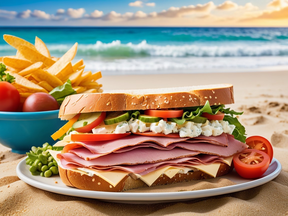 Layered Deli Sandwich with Beach Sunset Background