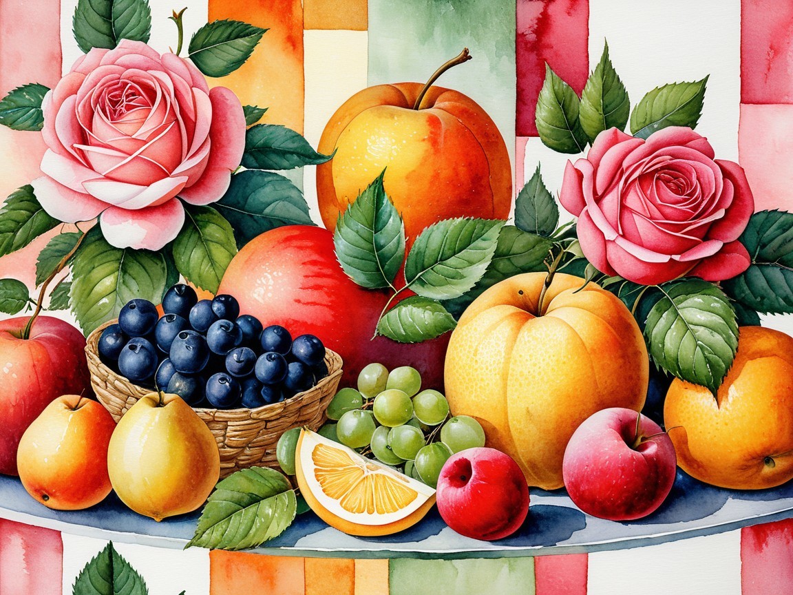 Vibrant Watercolor Still Life with Fruits and Flowers