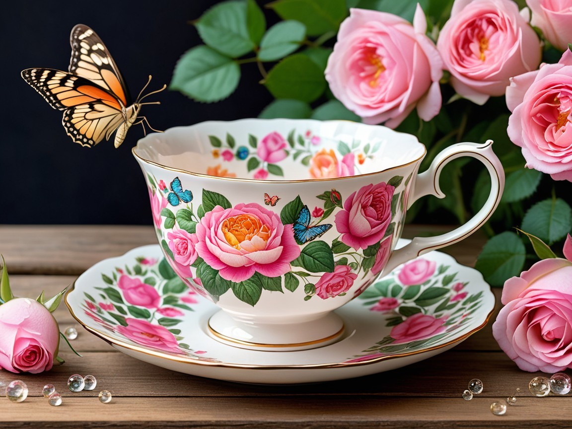 Porcelain Teacup with Roses and Butterflies Display