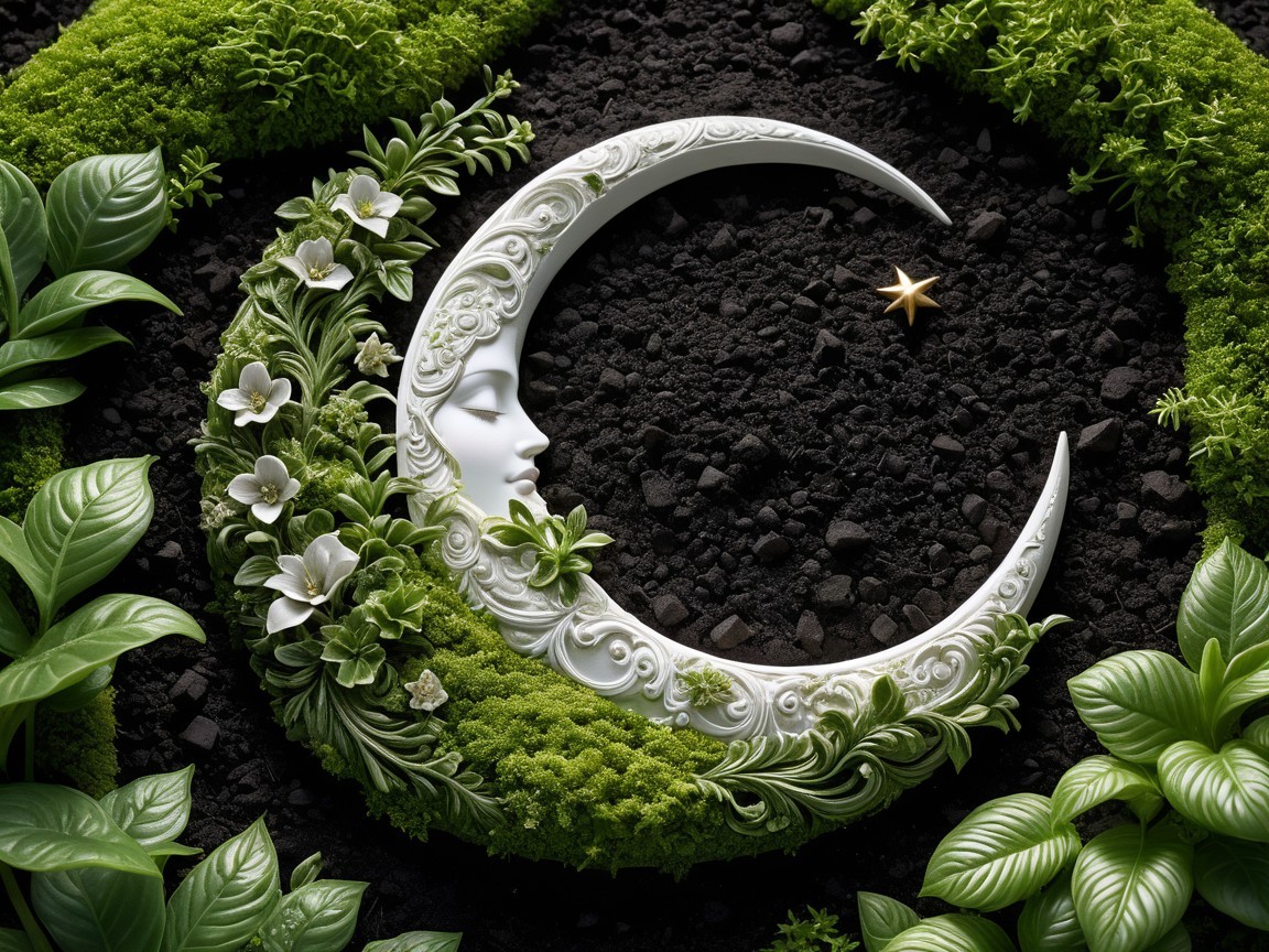Elegant crescent moon surrounded by lush greenery
