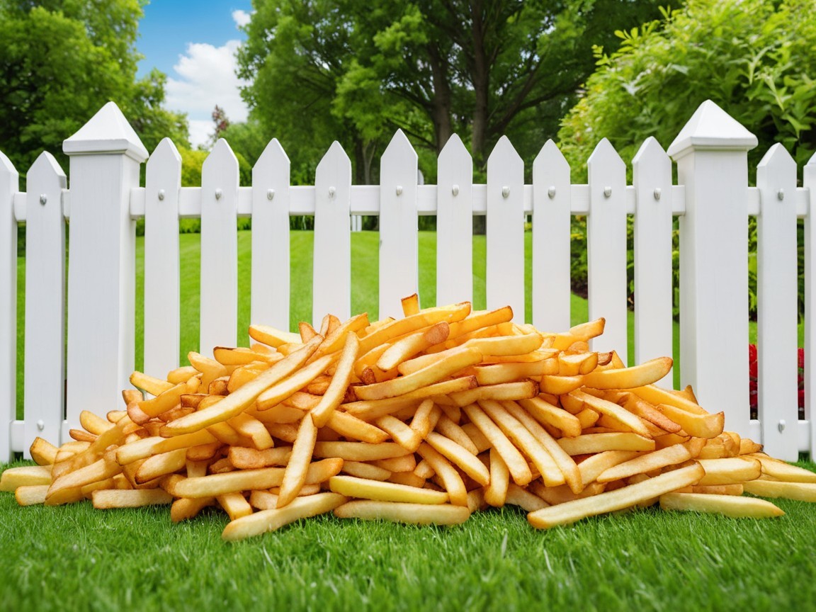Golden French fries against a white picket fence