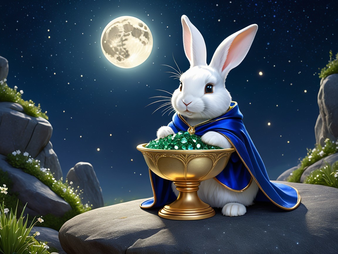 White Rabbit in Blue Cloak with Emeralds at Night