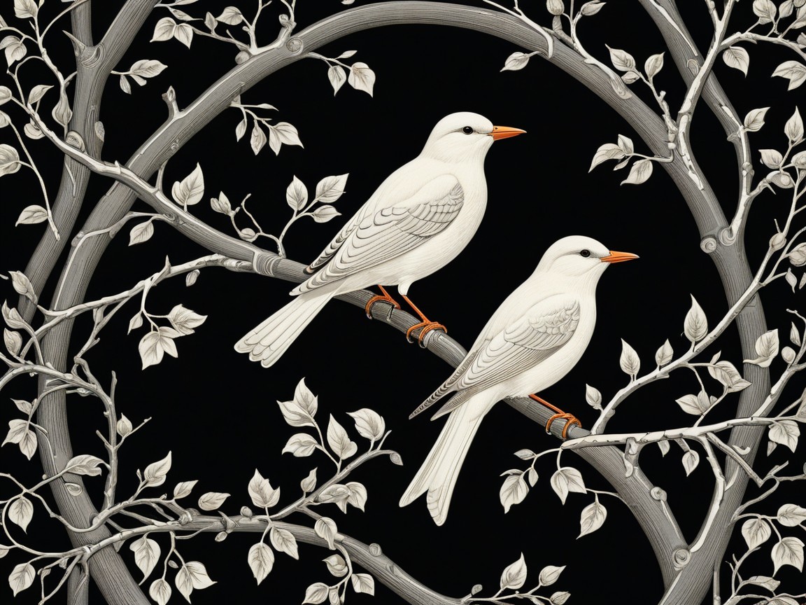 Elegant Illustration of White Birds on Black Background