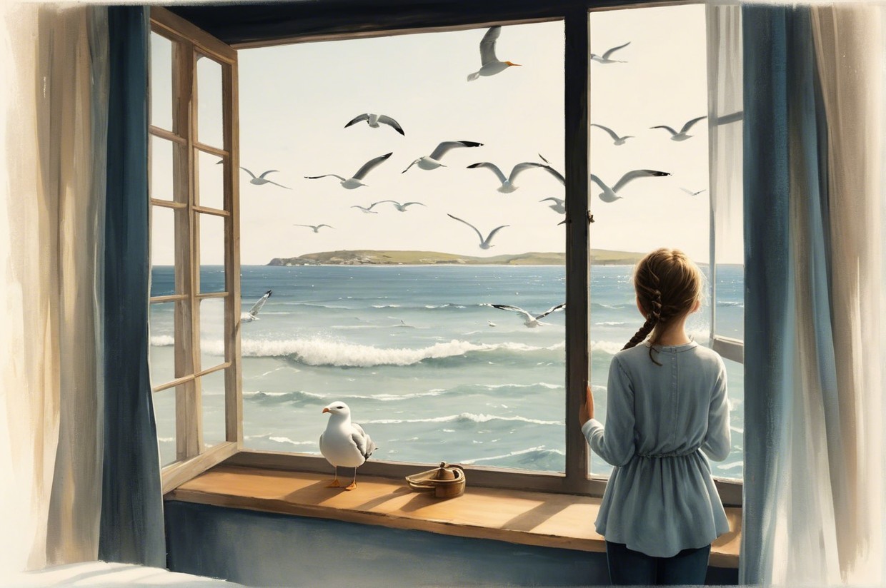 Coastal Scene with Young Girl Gazing at Ocean View