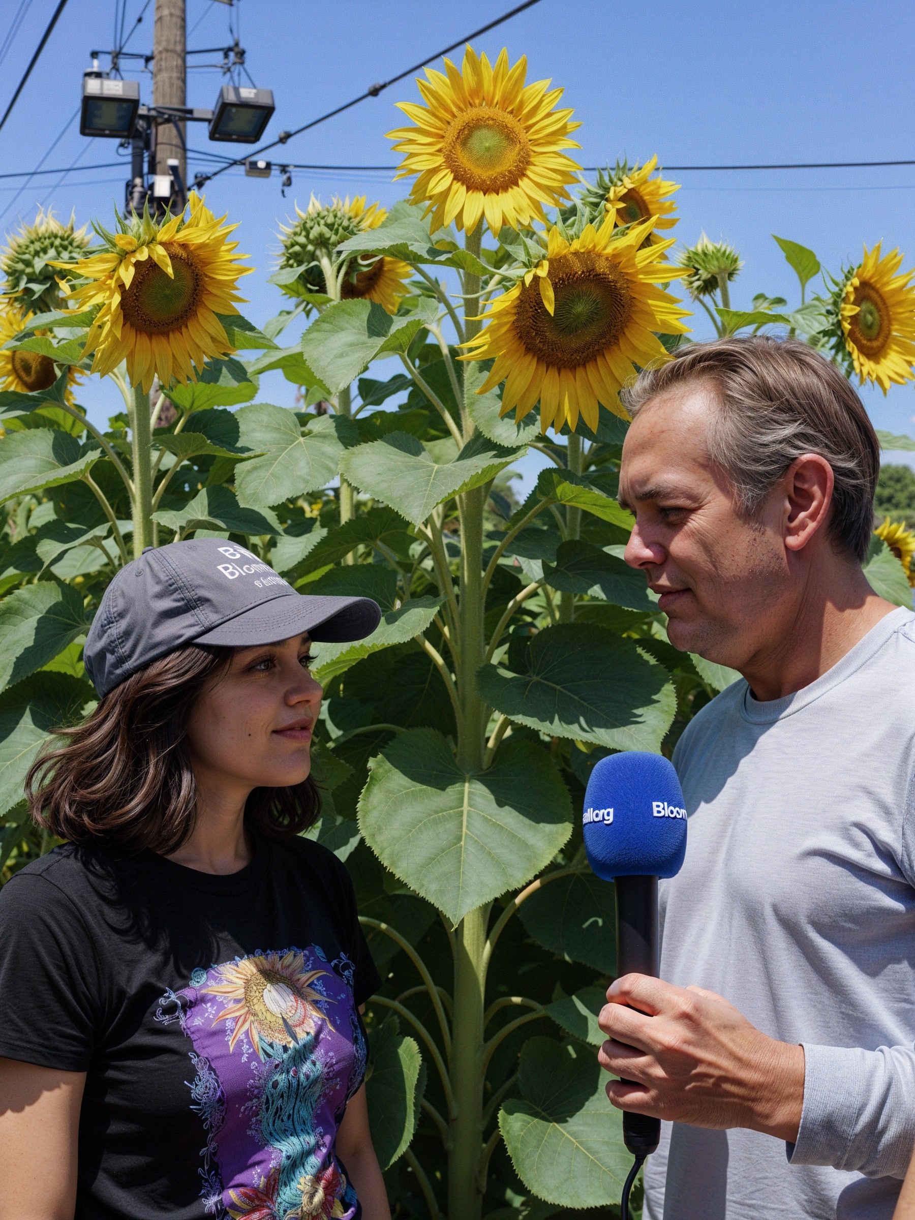 Media Interview Amidst Sunflowers and Blue Sky