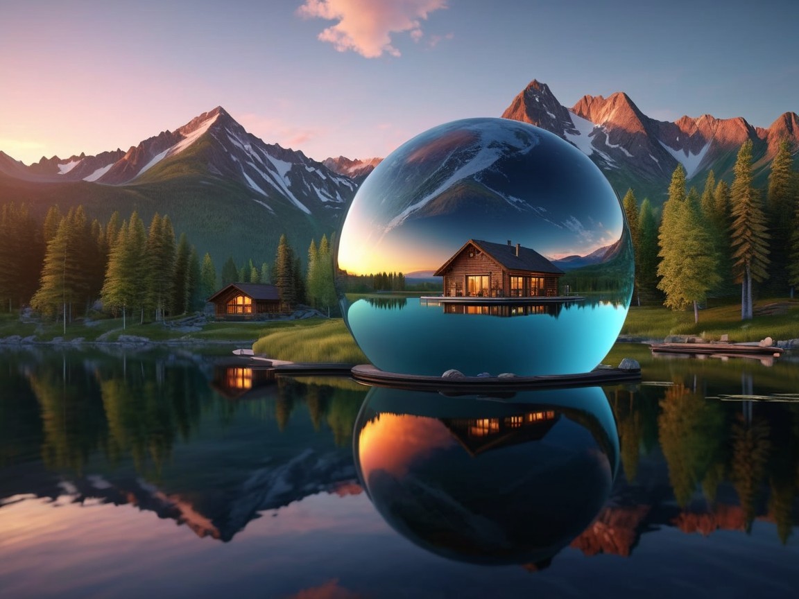 Wooden Cabin on Lake Inside Reflective Glass Sphere