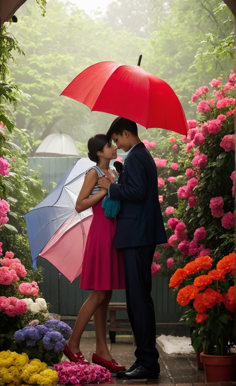 Couple in Flower Garden with Umbrellas and Blooms