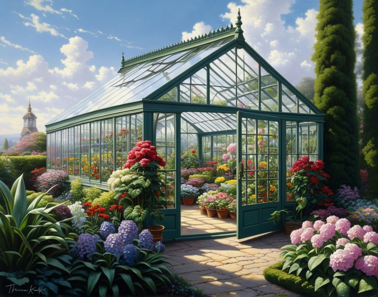 Vibrant Botanical Scene with Colorful Greenhouse and Garden