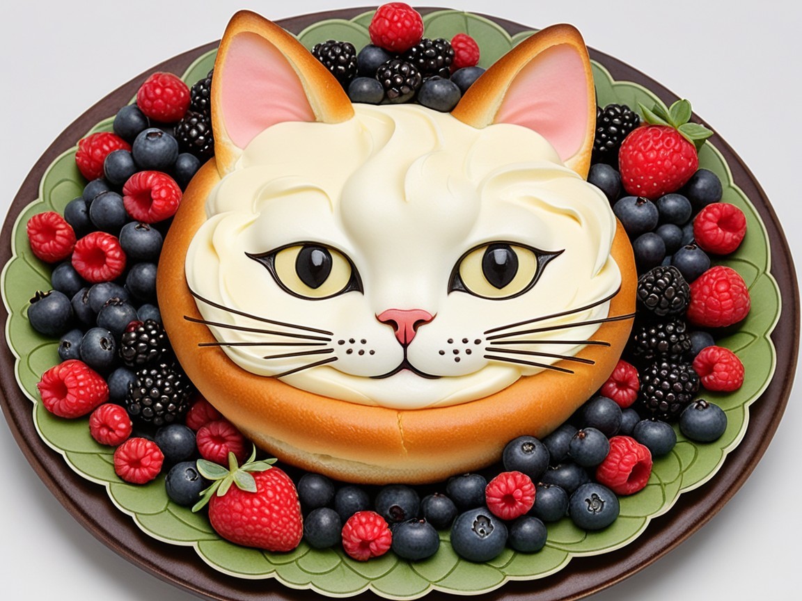 Whimsical Cat Face Cake with Fresh Berries Display