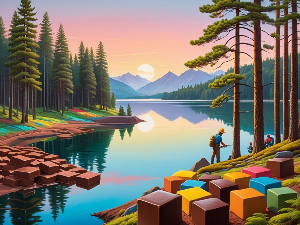 Lakeside Scene with Pines, Mountains, and Hikers