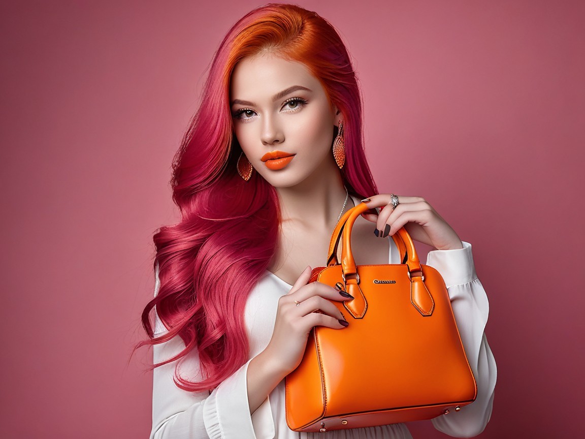 Stylish Woman with Orange Handbag Against Pink Background