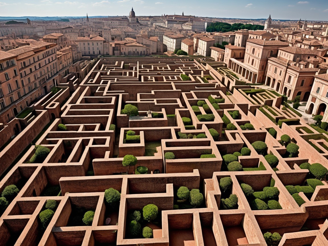 Bird's-eye view of a brown brick maze in a city