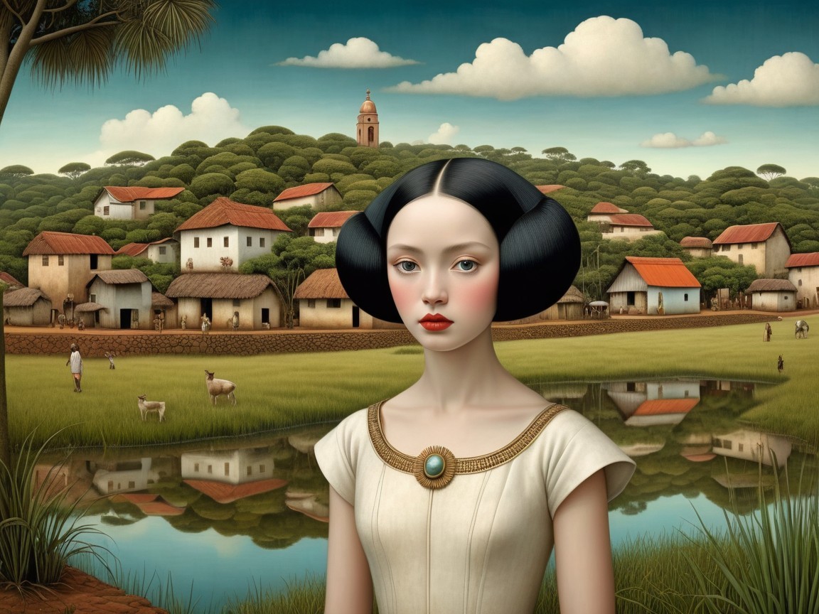 Serene Landscape Painting of a Young Woman in Dress