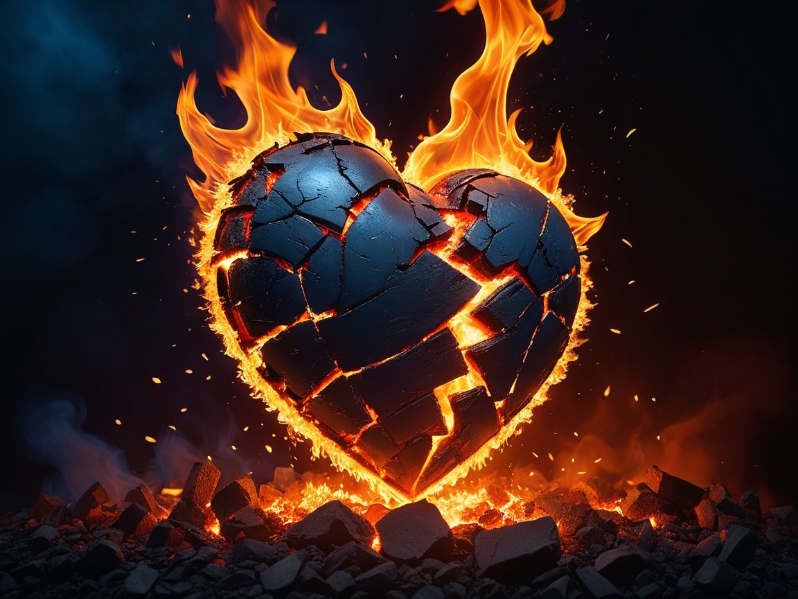 Cracked Metallic Heart Surrounded by Vibrant Flames