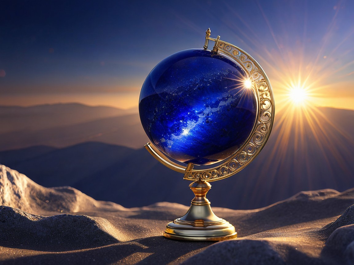 Elegant Globe on Golden Stand with Sunrise Backdrop