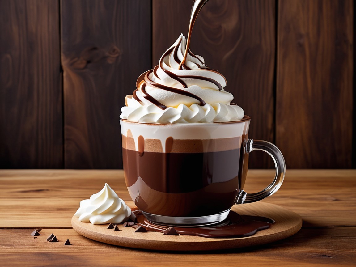 Indulgent dessert coffee with chocolate layers and cream