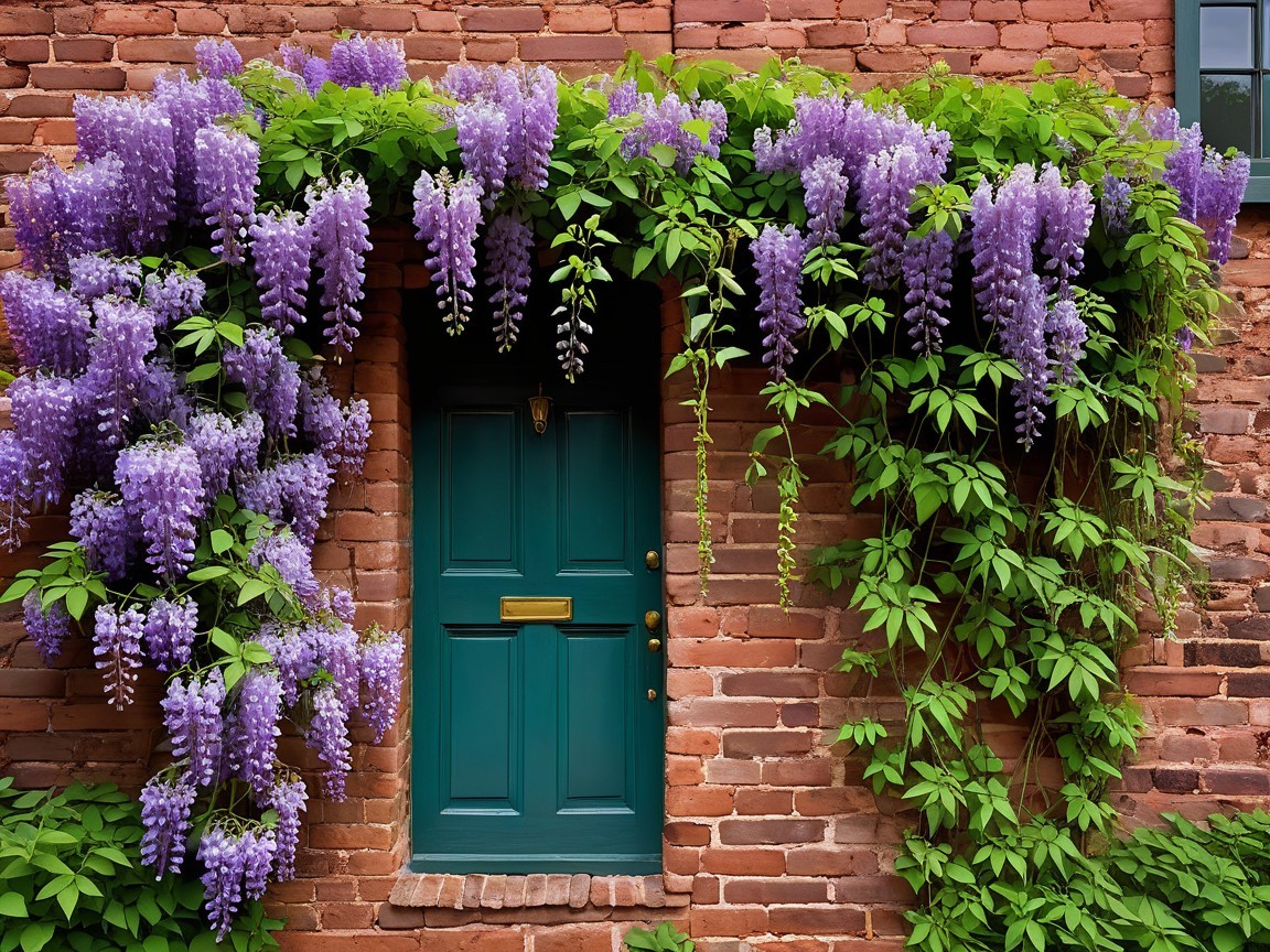 Brick Wall with Wisteria and Teal Door Description