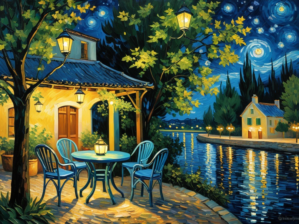Tranquil Night Scene of a Waterside Cottage Setting