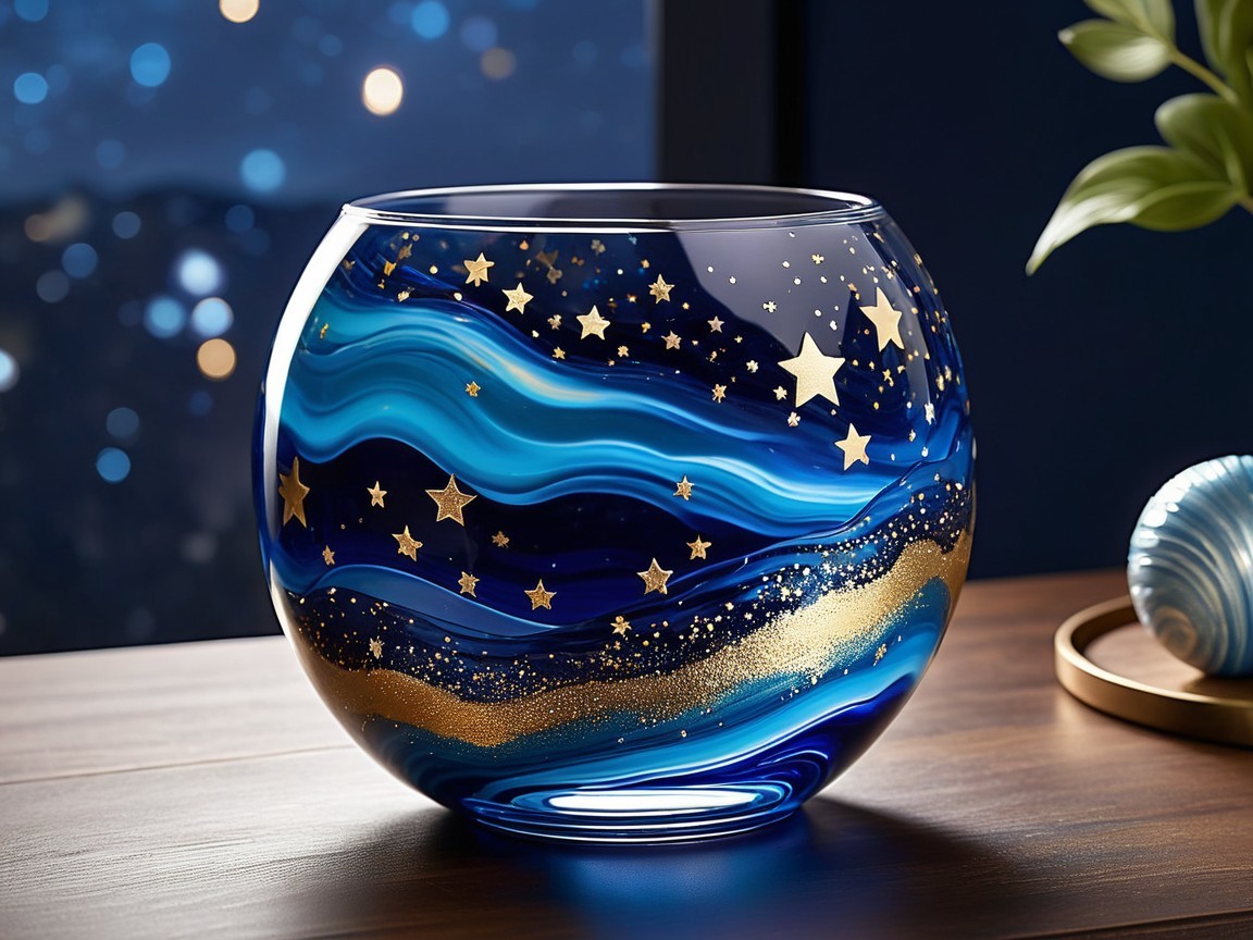 Round Glass Vase with Blue Waves and Gold Accents