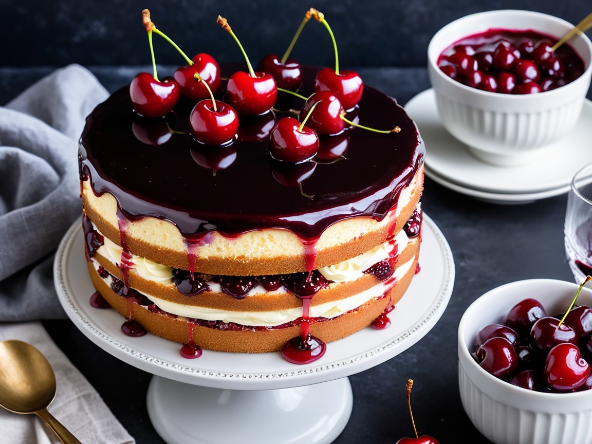Layered cake with cherry glaze and fresh cherries