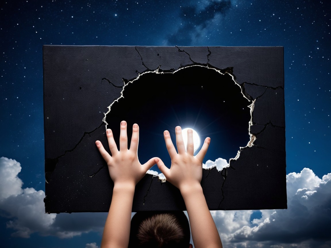 Child's Hands Reveal Starry Sky Through Cracked Panel