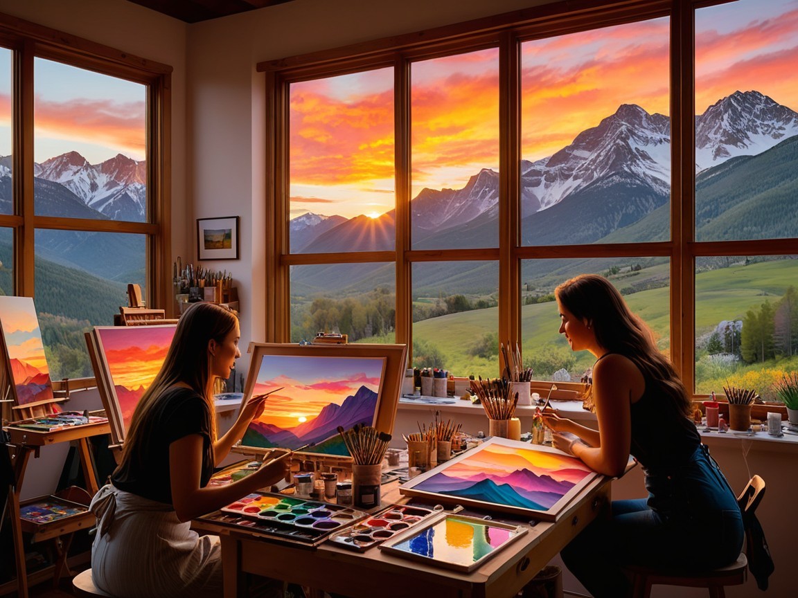 Art Studio Scene with Women Painting a Sunset