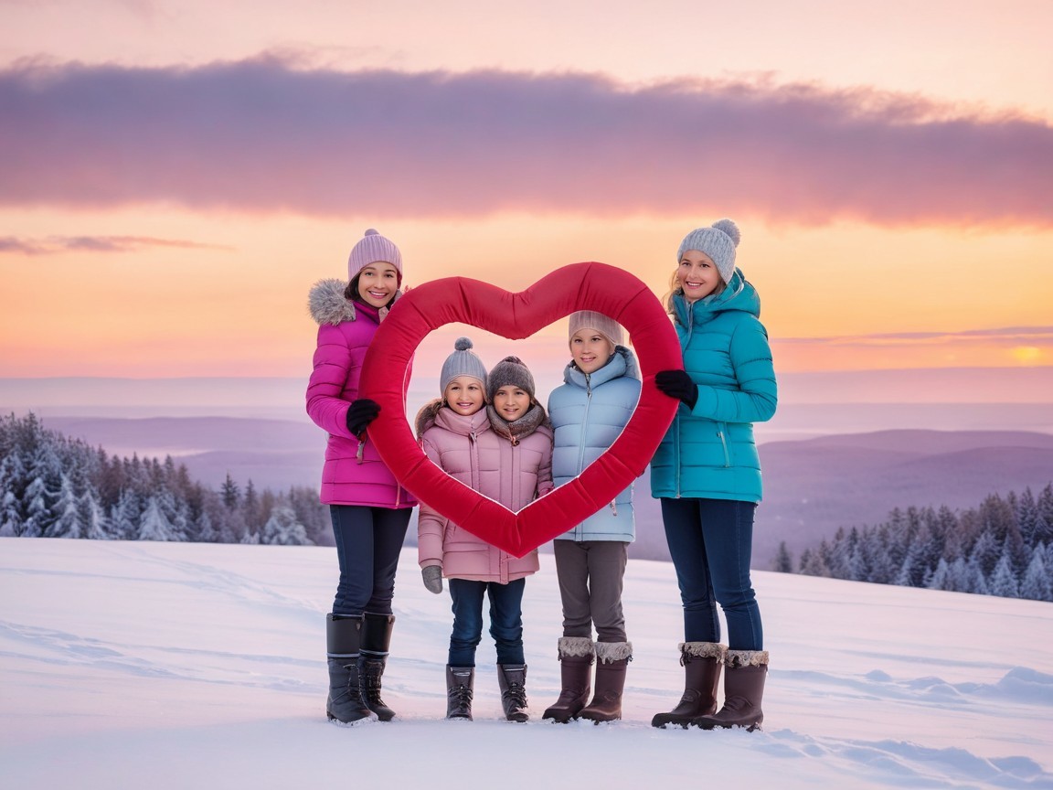 Women in Colorful Coats with Heart Pillow in Snow
