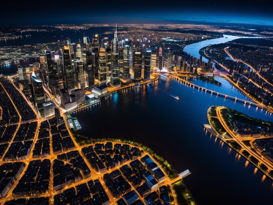 Aerial Night View of a Vibrant Cityscape with Skyline
