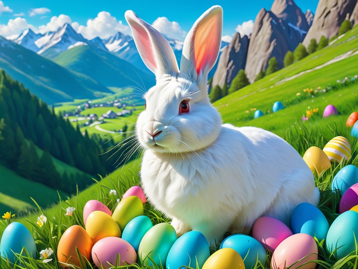 Fluffy Rabbit on Green Meadow with Easter Eggs and Mountains