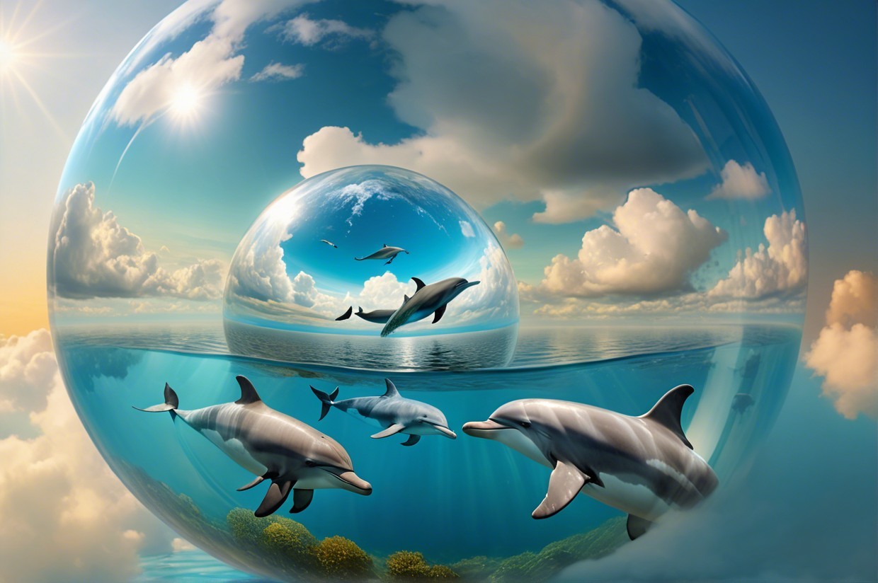 Surreal Underwater Scene with Dolphins in a Bubble