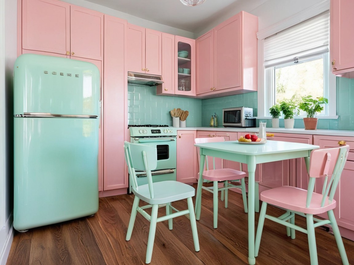 Pastel-Colored Kitchen with Cozy Dining Area Details