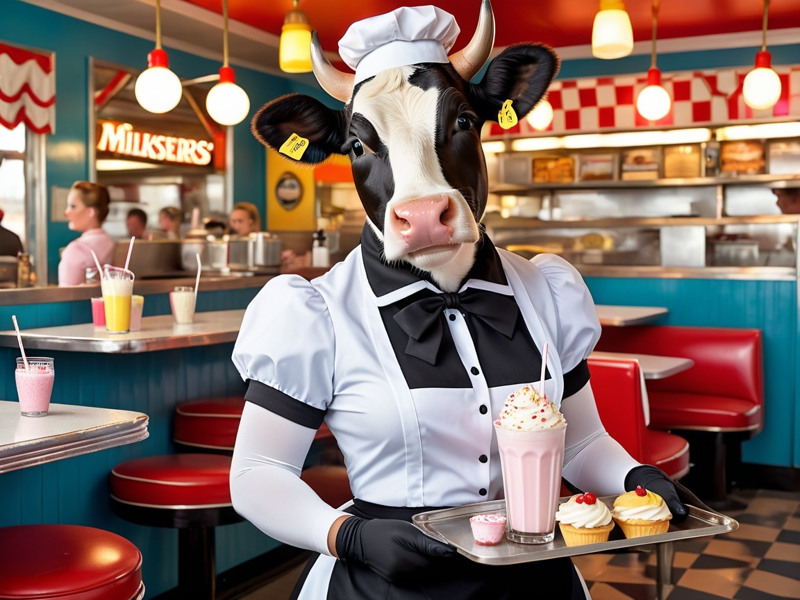 Cow Waitress in Retro Diner with Milkshake and Cupcakes